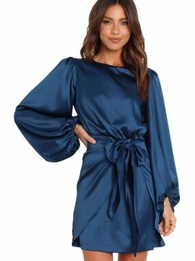 Petal & Pup Satin Wrap Mini Dress in Deep Blue